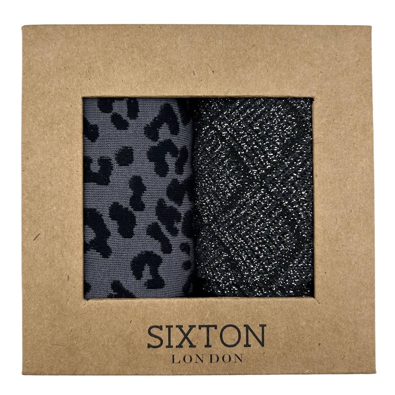 A box containing two pairs of Sixton London socks, one pair with leopard print and the other with a deco textured pattern.