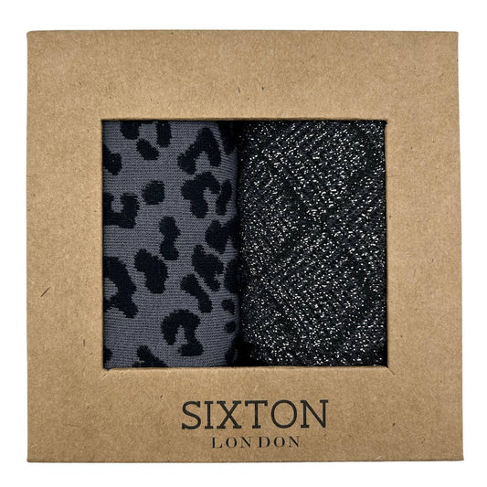 A box containing two pairs of Sixton London socks, one pair with leopard print and the other with a deco textured pattern.