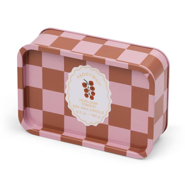 Checkered tin with a label on a white background
