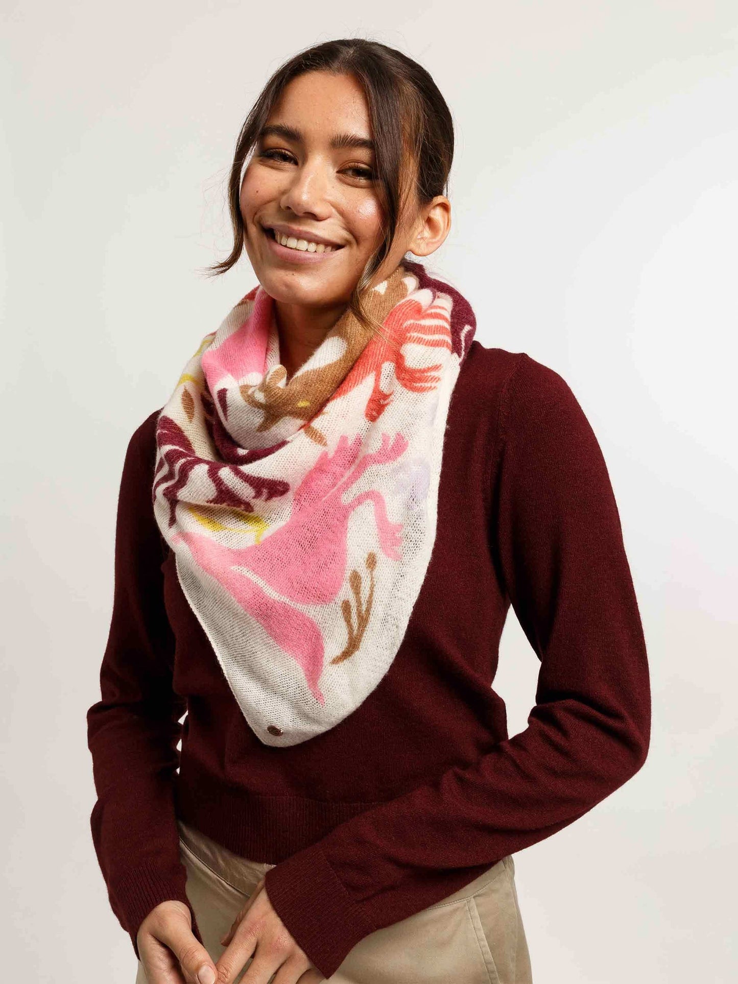 Fraas Square Wool Animal Motif Scarf in Exotic Orange