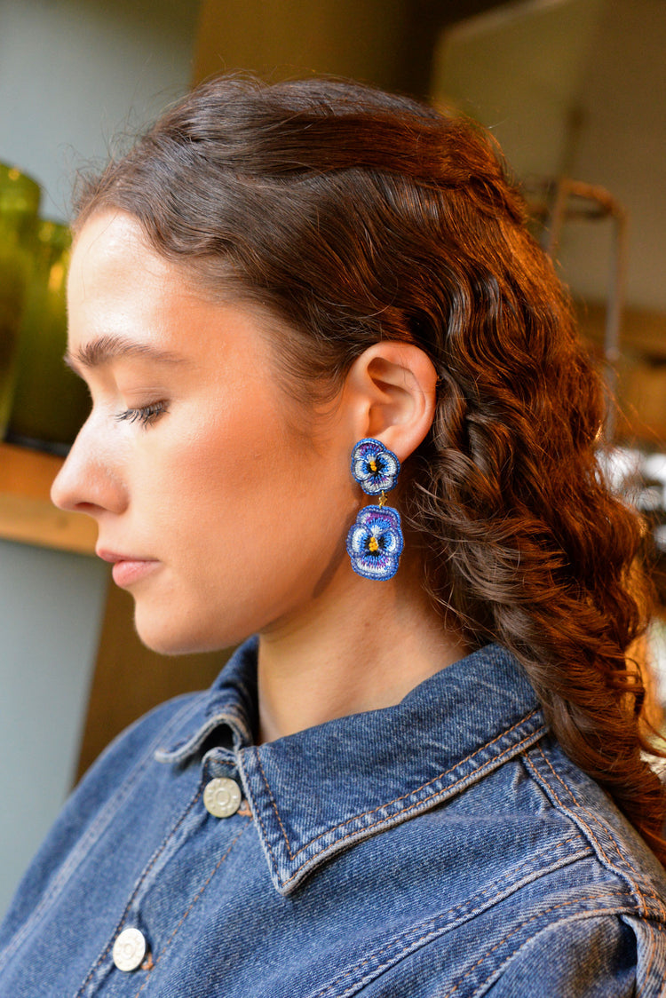 My Doris Double Blue Pansy Beaded Flower Earrings