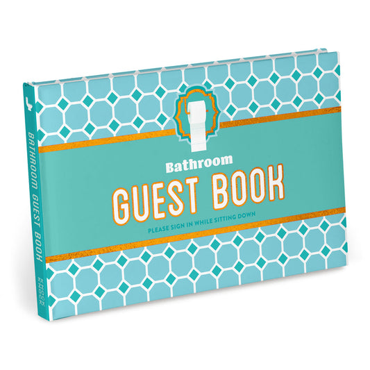 Bathroom guest book with blue geometric pattern and white text on a white background