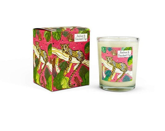 Amber & Smoked Fig 9cl Jungle Range Illustrated Candle by Heaven Scent with bright pink jungle box