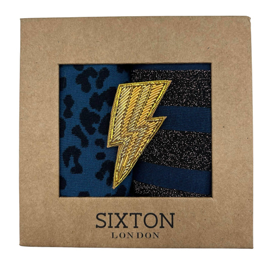 Sixton London - Denim leopard and Berlin  sock box duo with lightning bolt