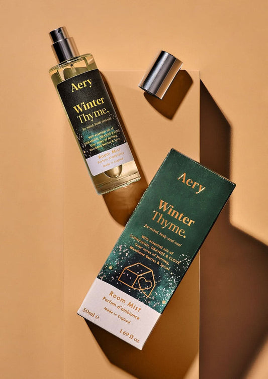 Aery Winter Thyme room mist bottle and packaging on a beige background