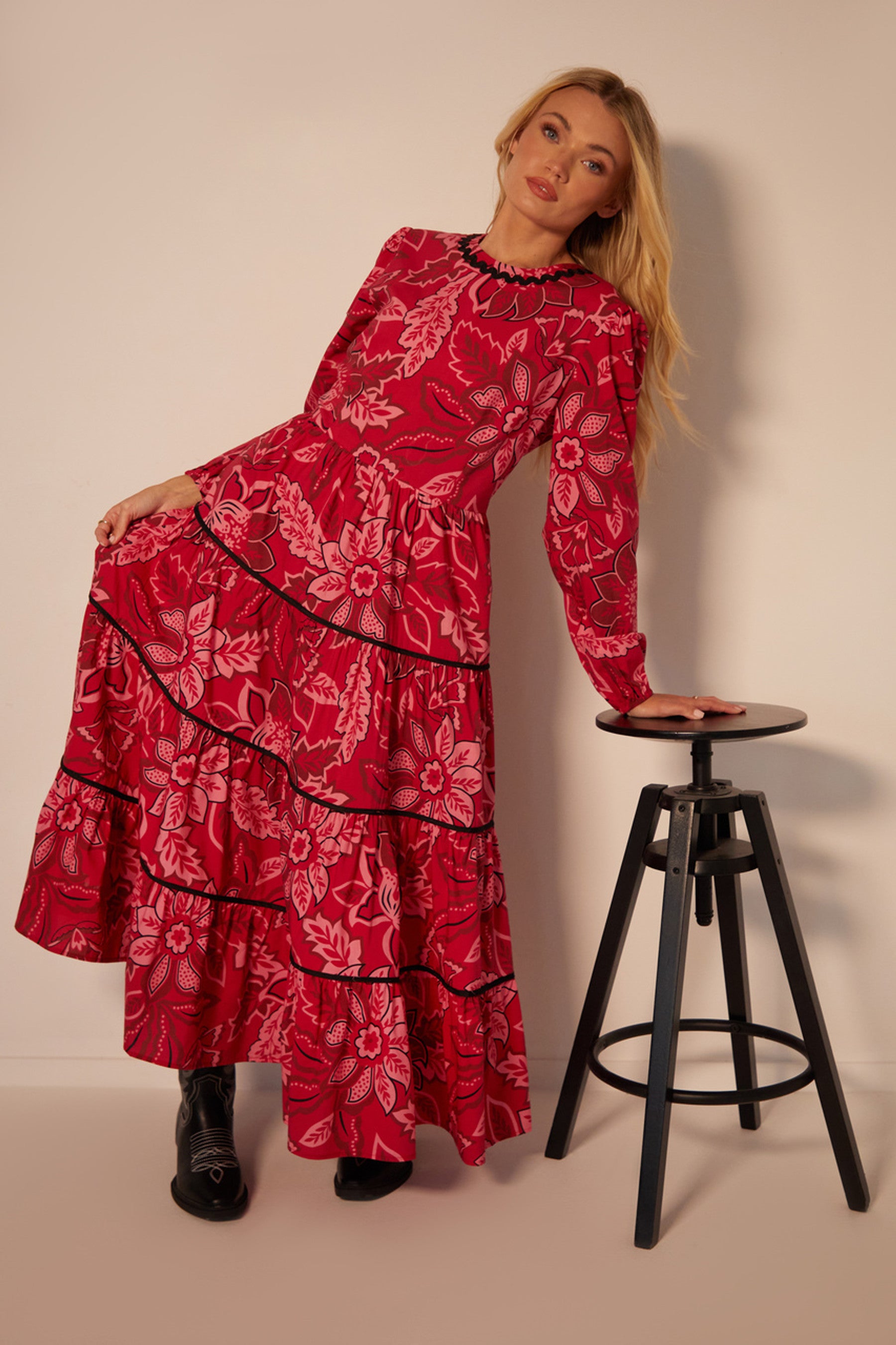 Another Sunday Poplin Puff Sleeve Tiered Midi Floral Print Smock Dress Long Sleeve