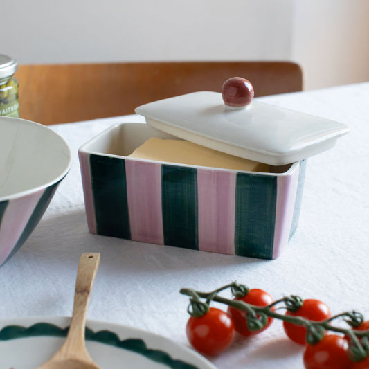 Caroline Gardner Pink & Dark Green Stripe Butter Dish