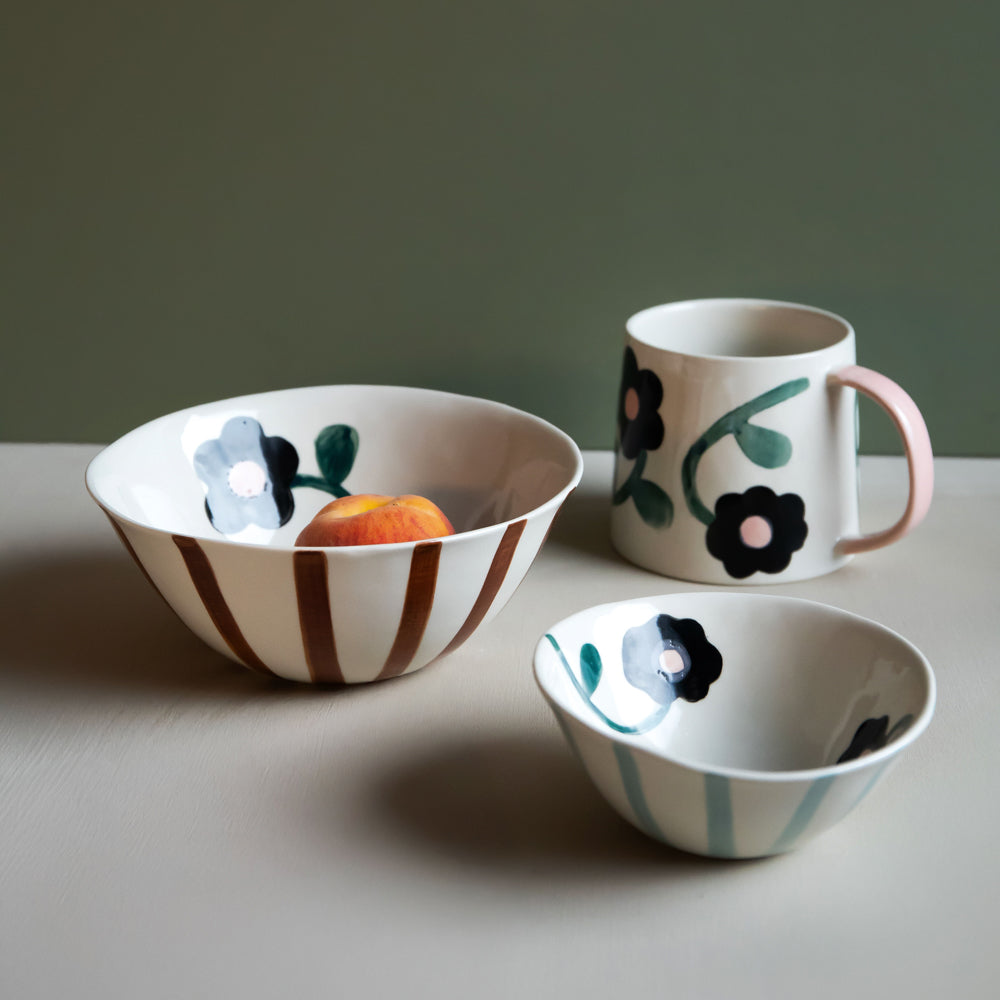 Caroline Gardner Rust Stripe & Flowers Medium Bowl