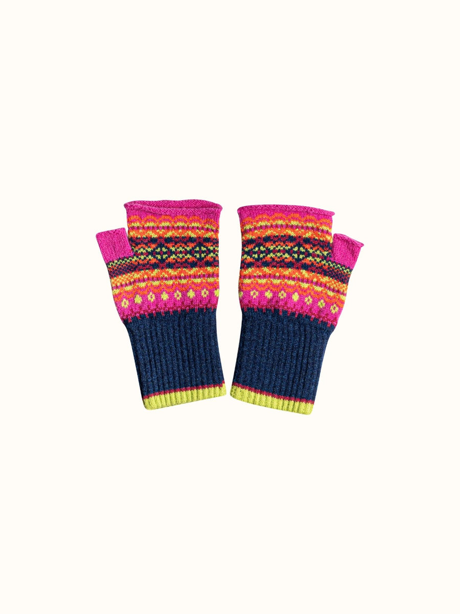 Pair of colorful knitted fingerless gloves on a white background
