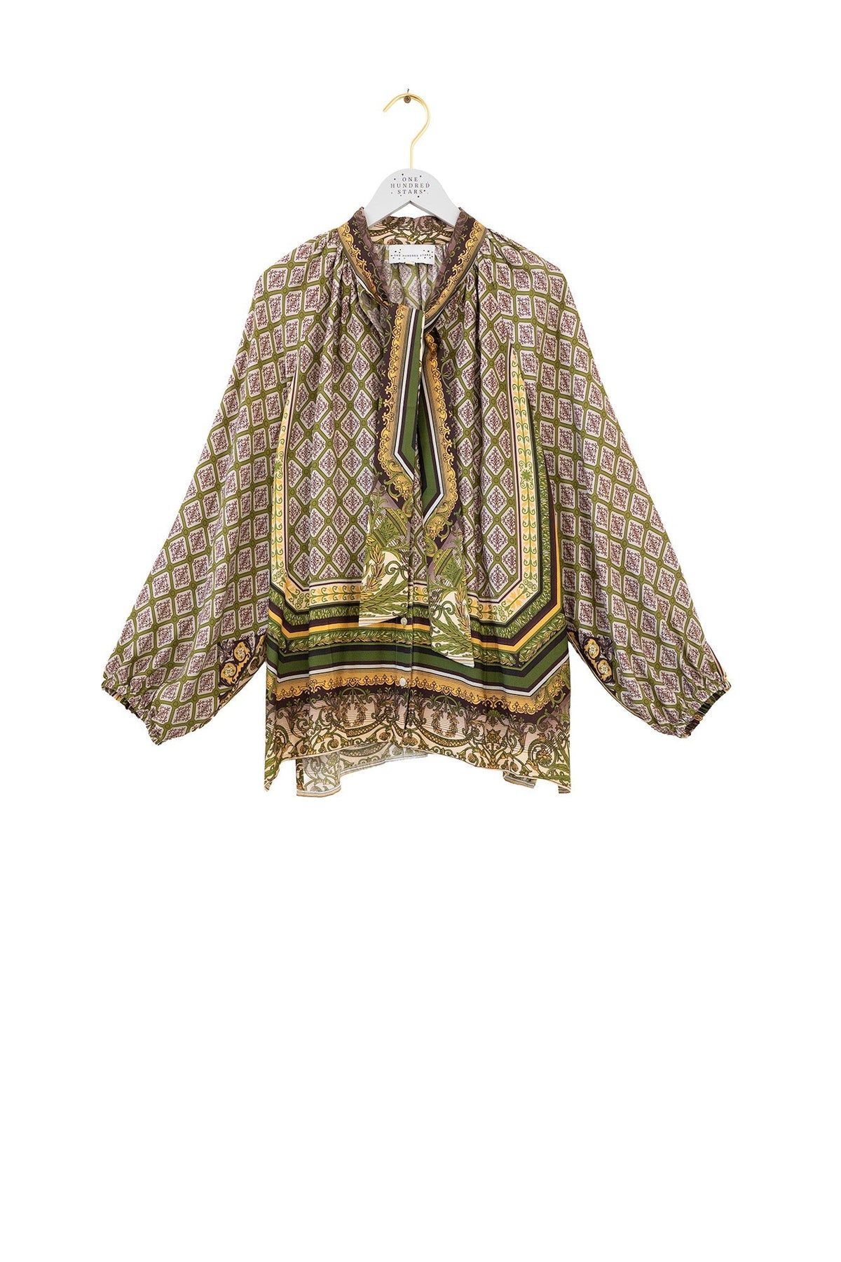 One Hundred Stars Amulet Green Pussy Bow Blouse