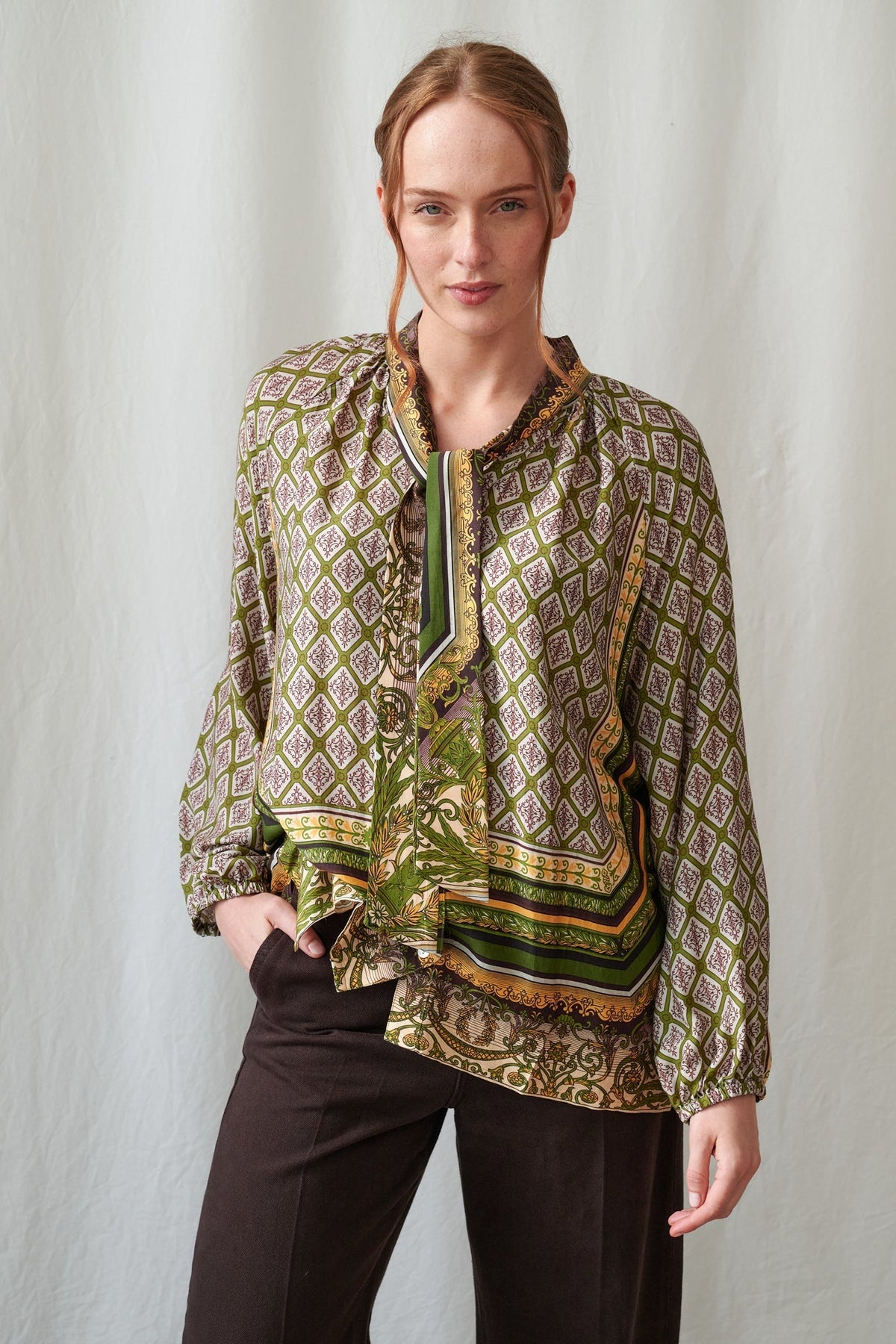 One Hundred Stars Amulet Green Pussy Bow Blouse