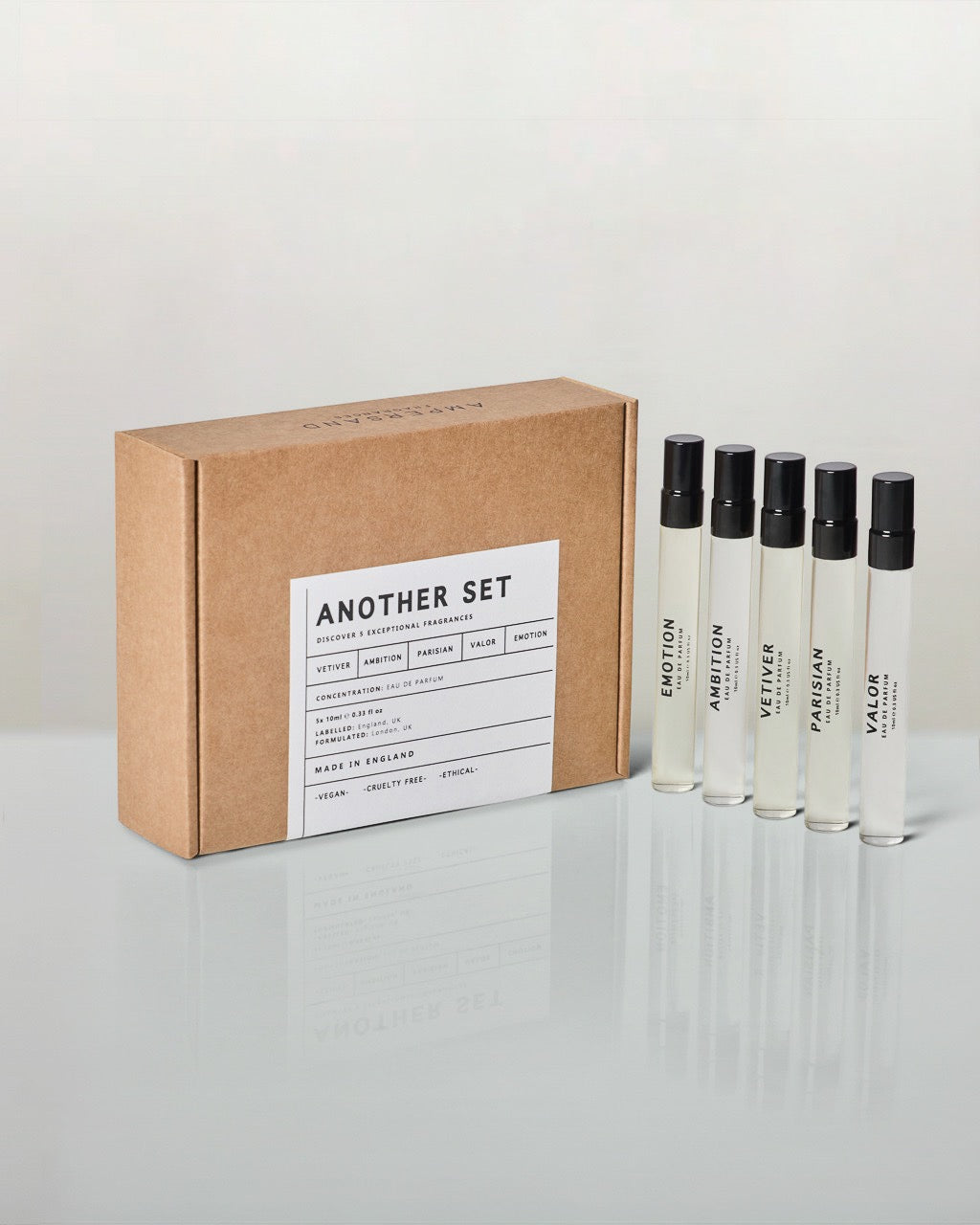 Set of perfume vials with a cardboard box labeled 'Another Set' on a light gray background