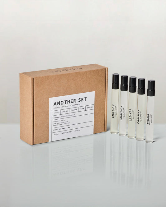 Set of perfume vials with a cardboard box labeled 'Another Set' on a light gray background