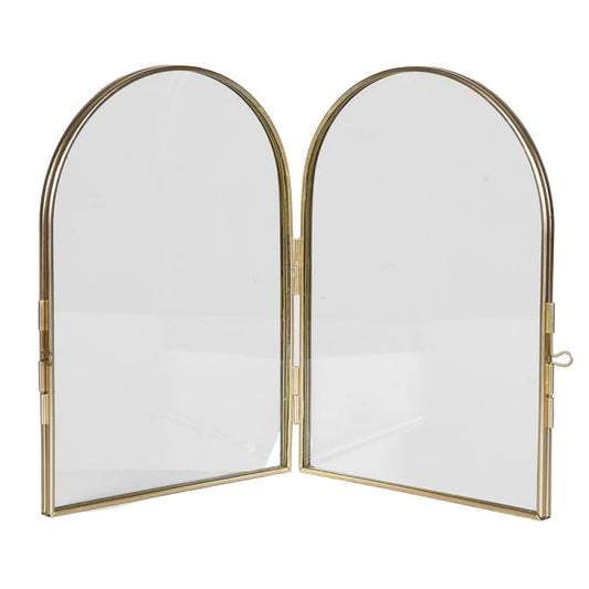 Two-panel mirror with gold frame on a white background