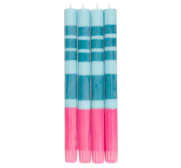 Striped pink, petrol and powder blue dinner candles 
