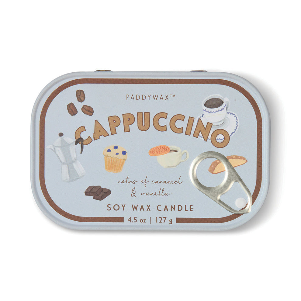 Candle tin labeled 'Cappuccino' by PaddyWax on a white background