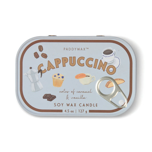 Candle tin labeled 'Cappuccino' by PaddyWax on a white background