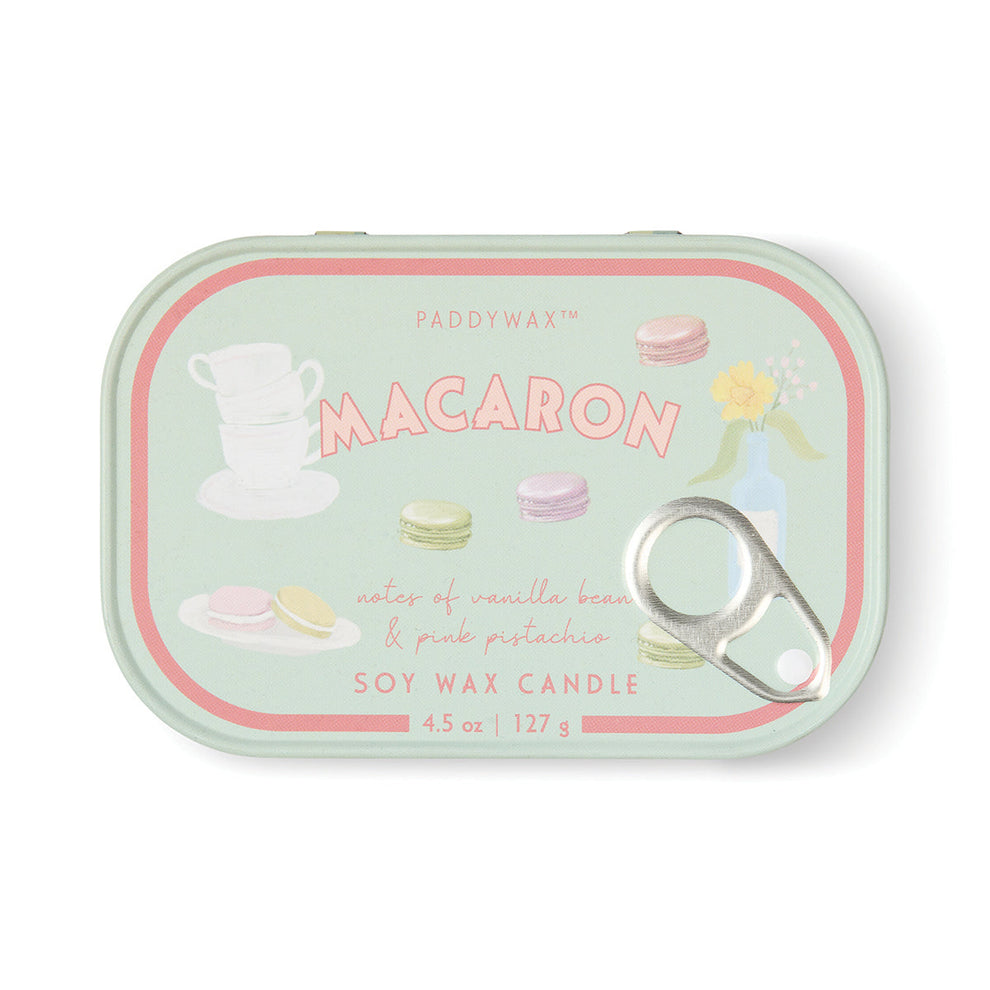 Paddywax Macaron soy wax candle tin with colorful macaron illustrations on a white background
