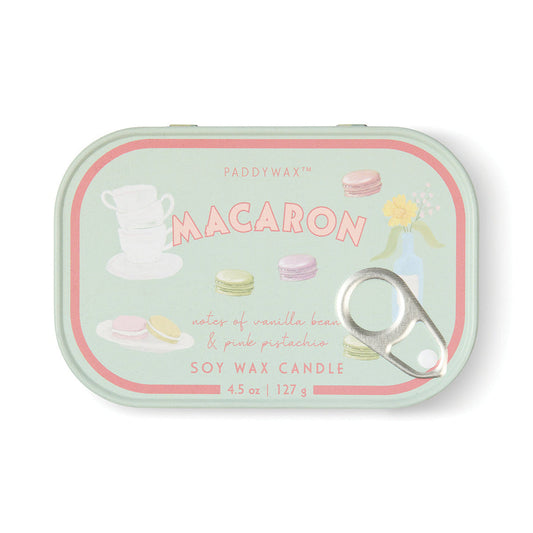 Paddywax Macaron soy wax candle tin with colorful macaron illustrations on a white background