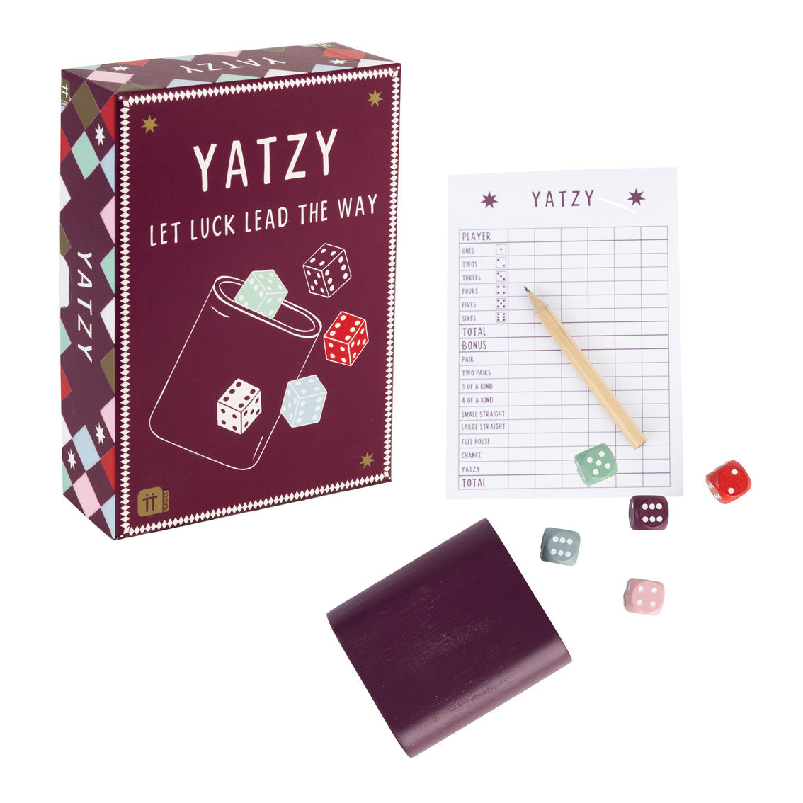 Yatzy game set with packaging, dice, and score sheet on a white background