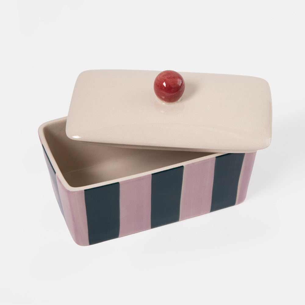 Caroline Gardner Pink & Dark Green Stripe Butter Dish