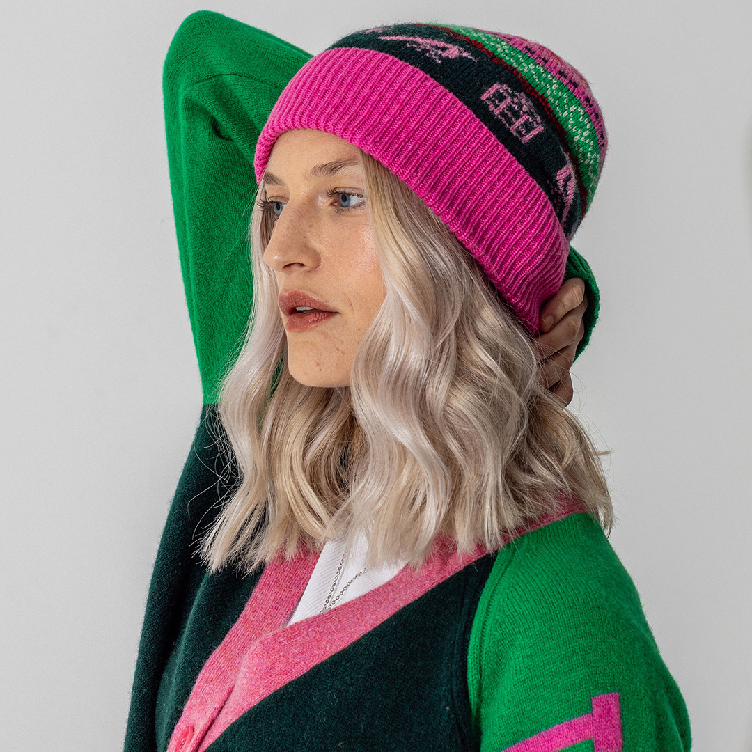 Black & Beech Fairisle Beanie in Bubblegum