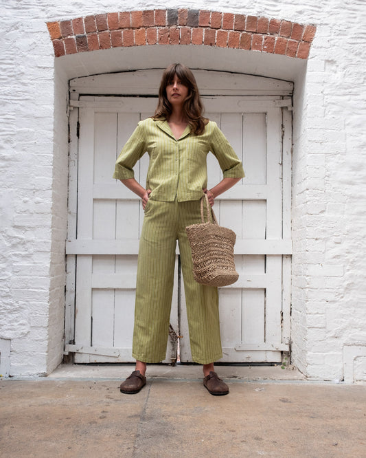 Bibico Harper Wide Leg Trousers in a Cotton, Avocado Stripe