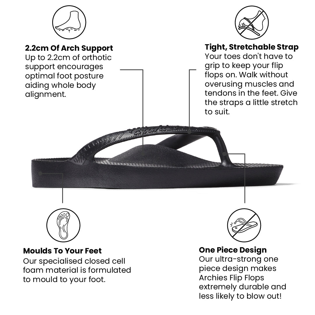 Archies Black Arch Support Flip Flops - Classic Black