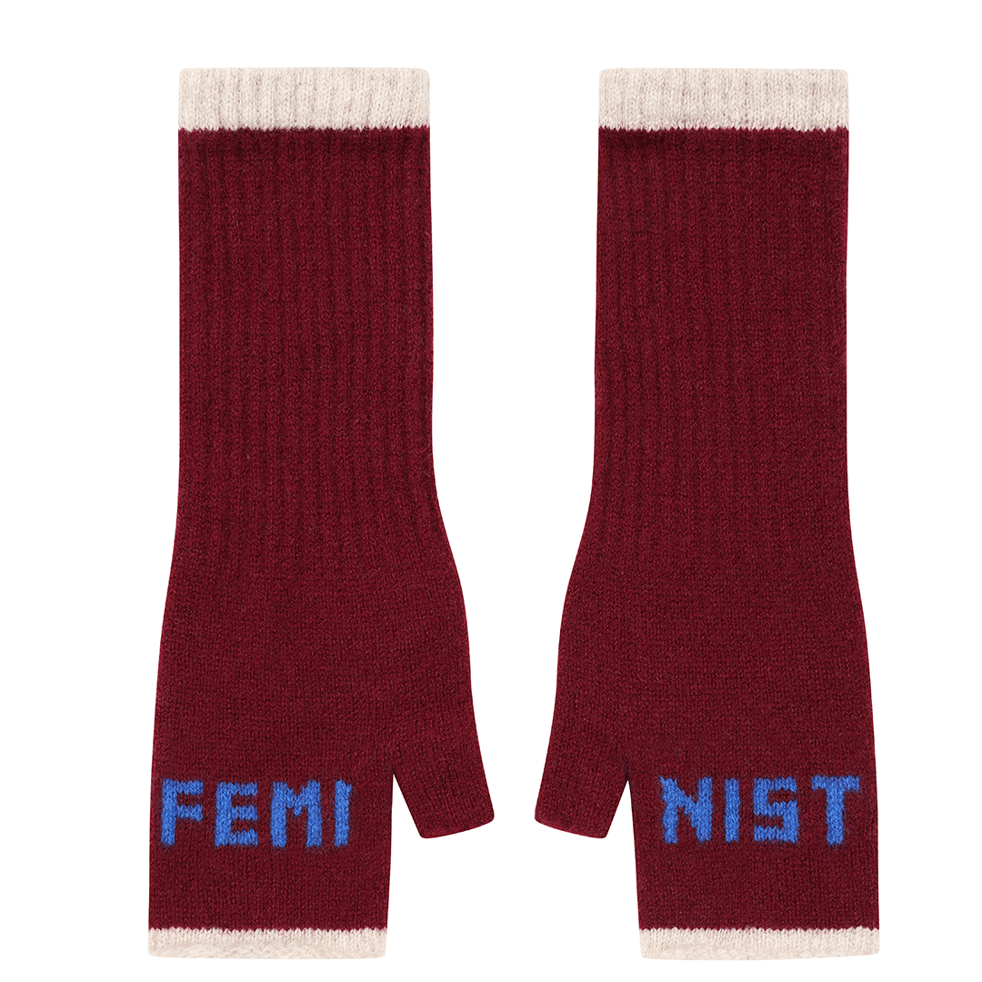Black & Beech Feminist Fingerless Mittens in Claret & Klein