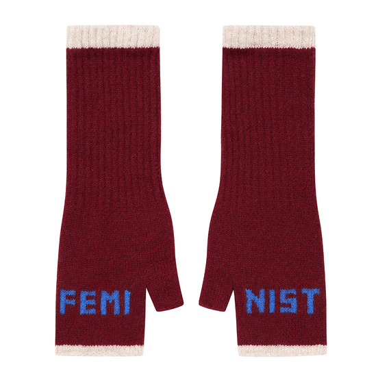 Black & Beech Feminist Fingerless Mittens in Claret & Klein