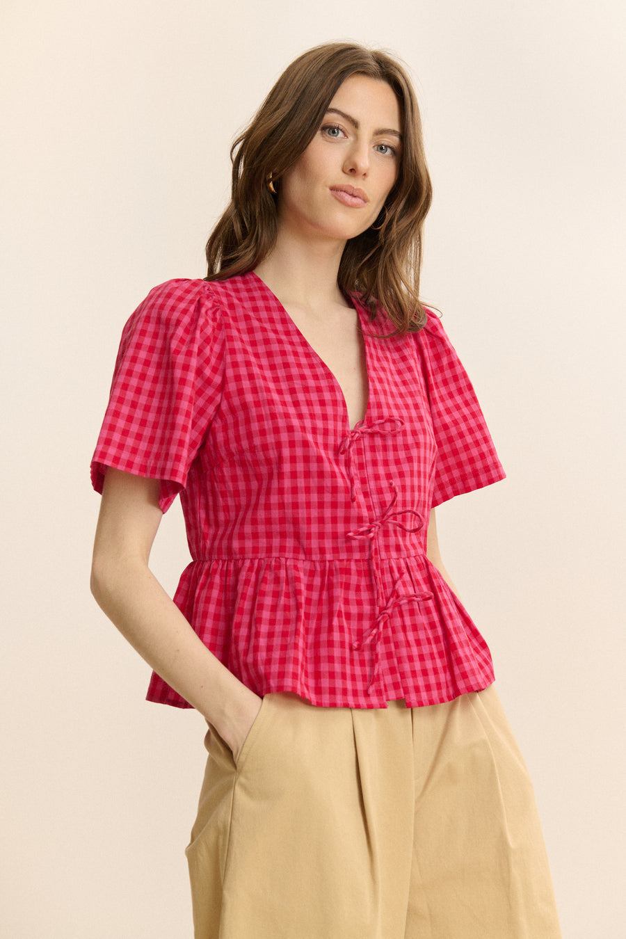 Garance Paris Cecilia Blouse in Vivi Rose with wide leg yellow trousers