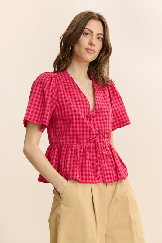 Garance Paris Cecilia Blouse in Vivi Rose with wide leg yellow trousers
