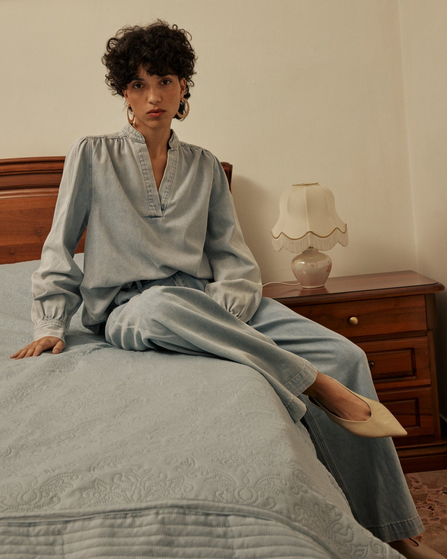 Grace & Mila  Valory Straight Denim Blouse in Skyblue