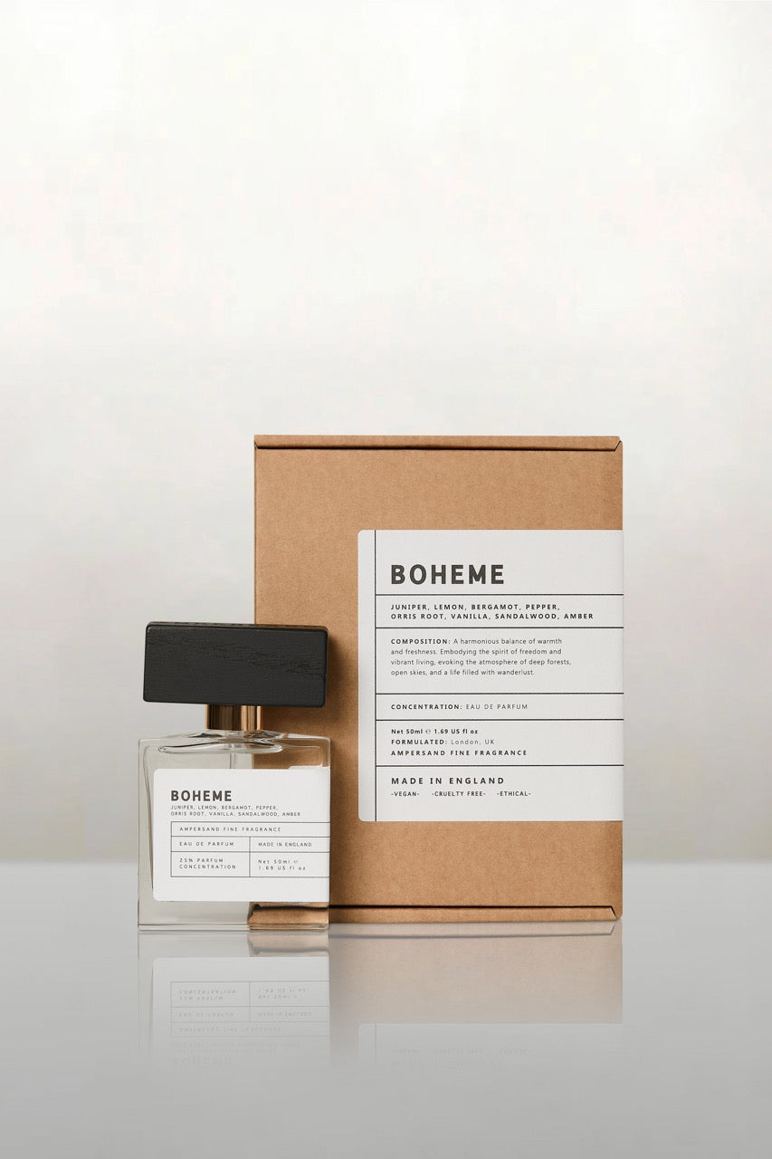 Boheme perfume bottle and packaging on a white background