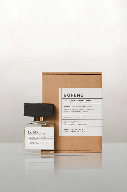 Boheme perfume bottle and packaging on a white background