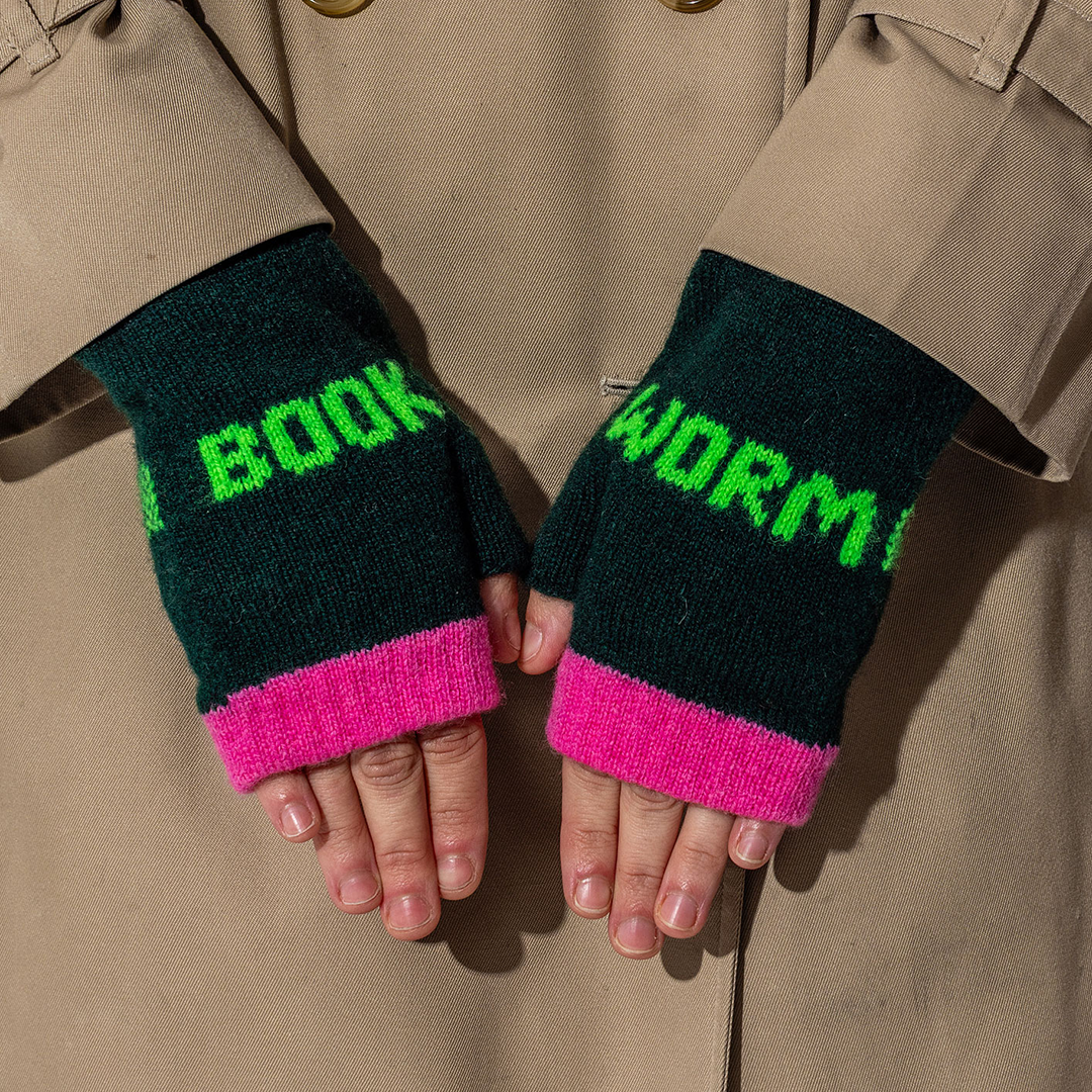 Black & Beech Book Worm Mittens in Forest Green & Neon Green