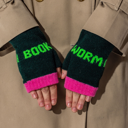 Black & Beech Book Worm Mittens in Forest Green & Neon Green