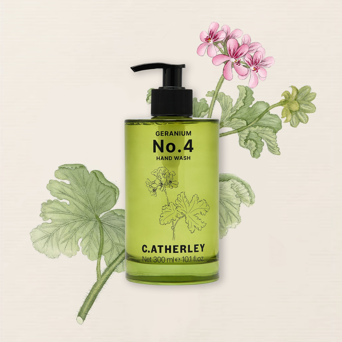 Catherley Geranium No.4 hand wash bottle with floral design on a beige background