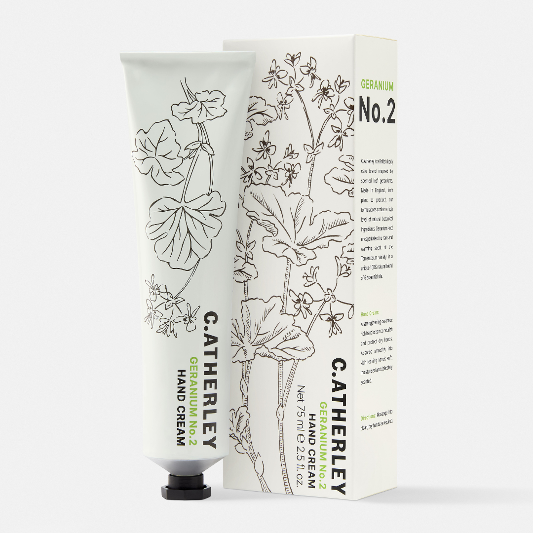 C. Atherley No.2 HAND CREAM - 75ML - A tube and box of Catherley Geranium No. 2 hand cream, featuring a white design with black botanical line drawings and green text accents, set against a plain white background.