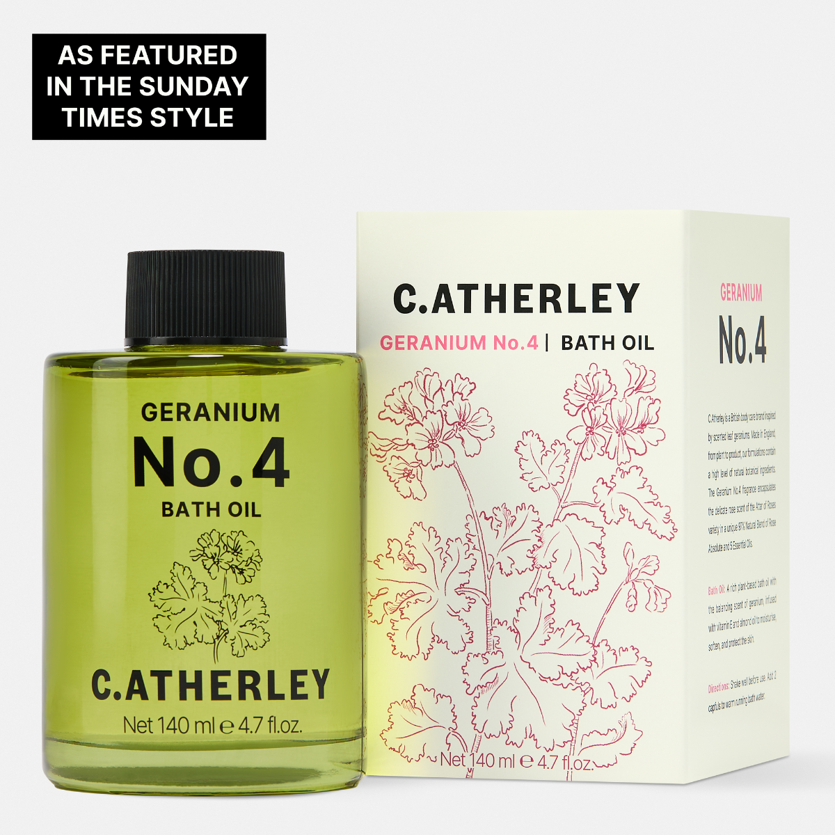 C. Atherley Geranium No.4 bath oil bottle and packaging on a white background