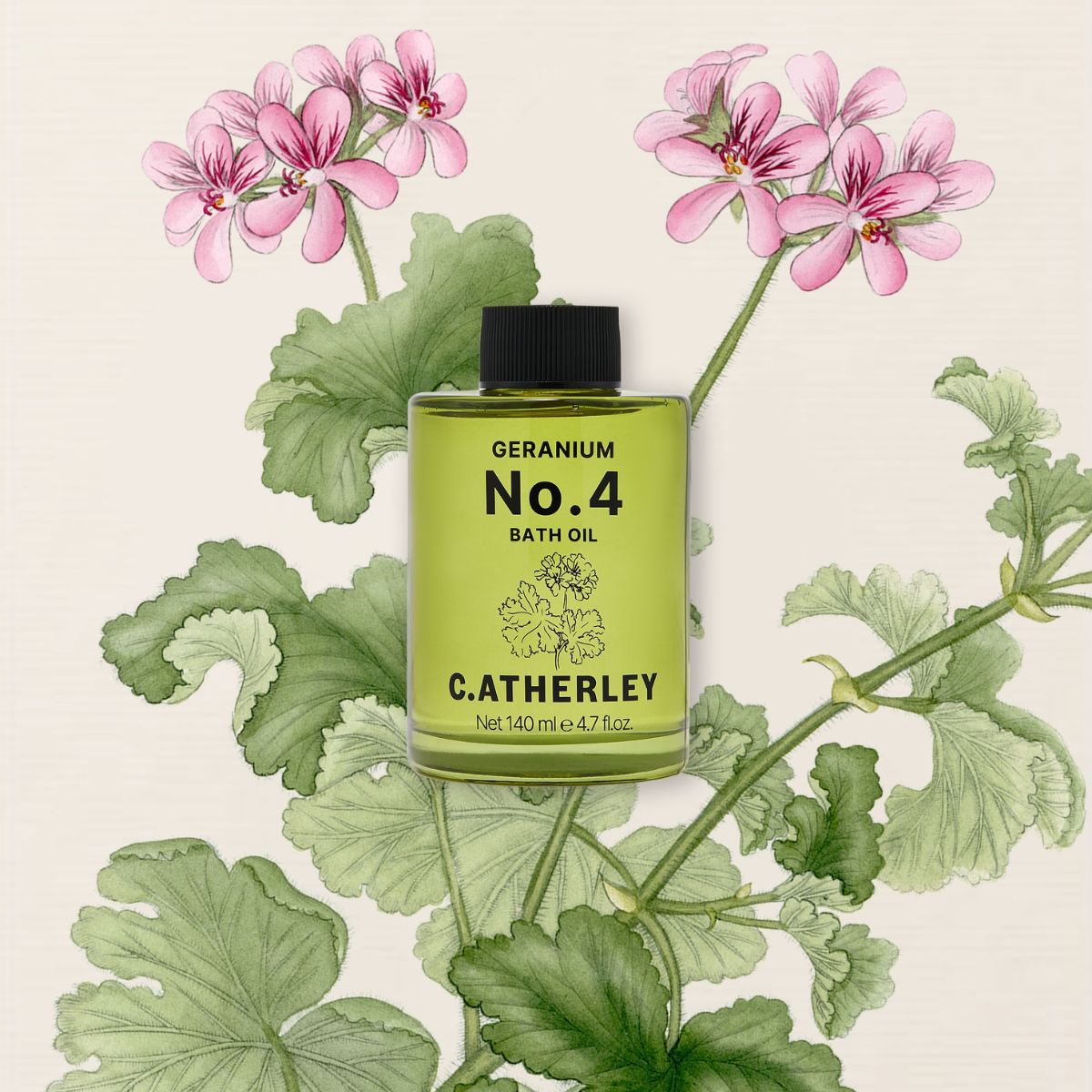 Catherley Geranium No.4 bath oil bottle with pink flowers and green leaves on a beige background