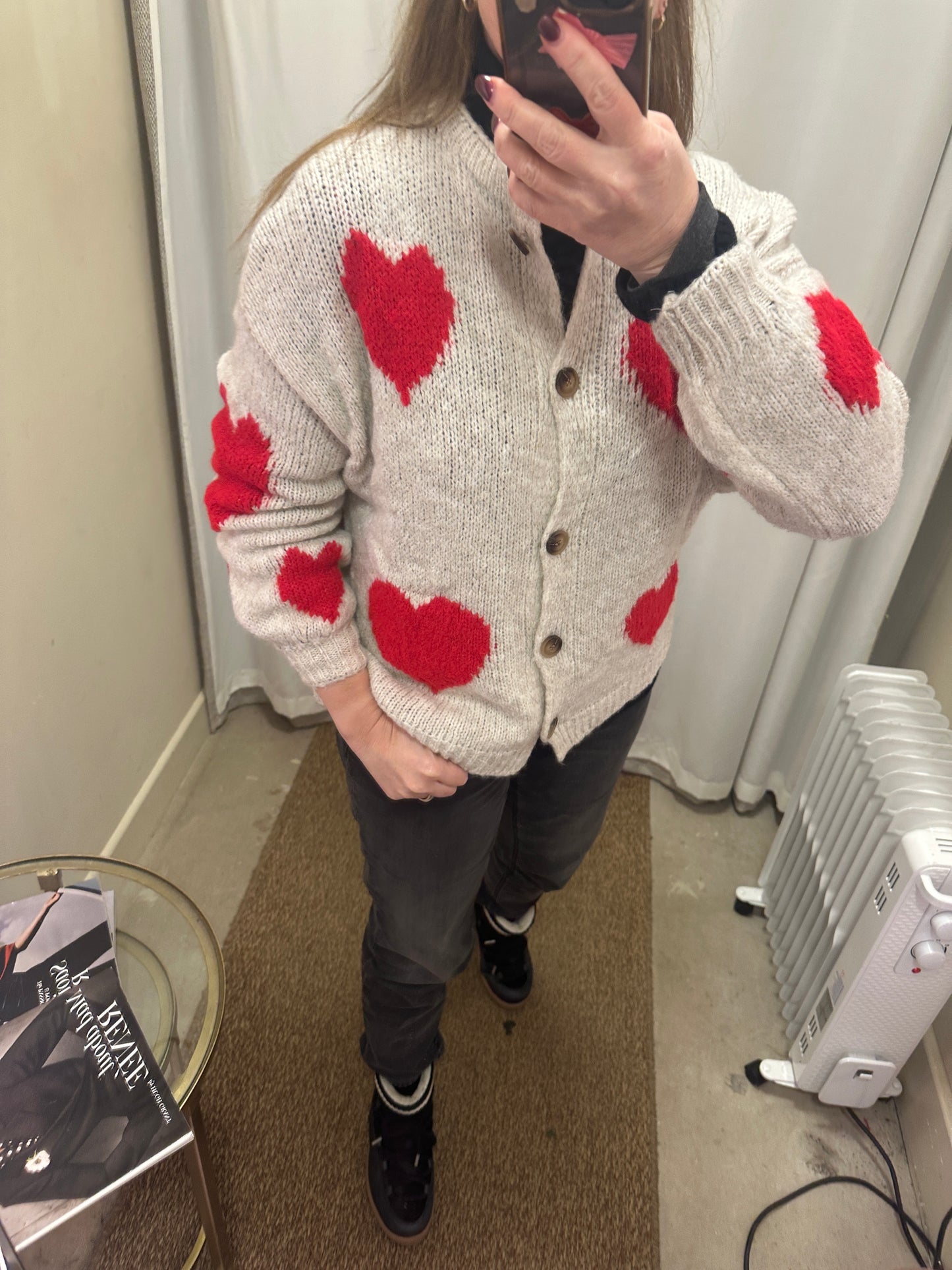 Lola Love Heart Cardigan - Cream/Red, Italian Wool Blend