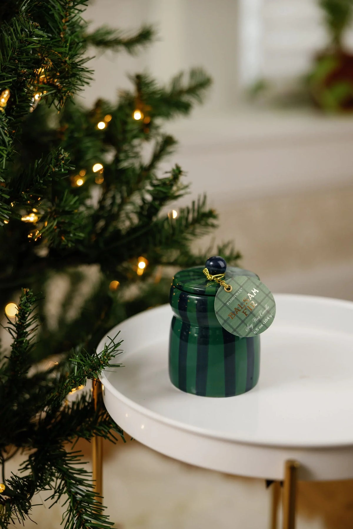 Paddywax Cabana 6.5oz/184g Green/Navy Striped Ceramic Candle - Balsam Fir