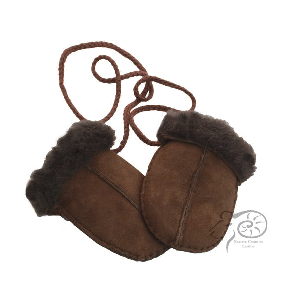 sheepskin baby mittens in chocolate with drawcord