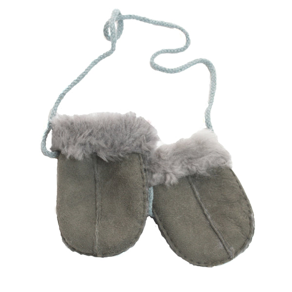 grey baby sheepskin mittens with draw cord