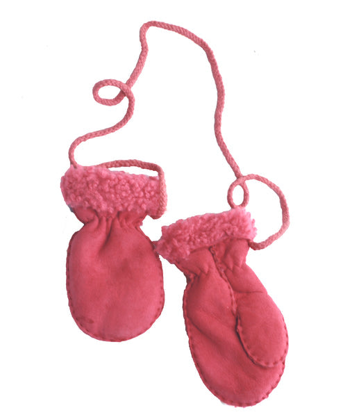 Children's pink sheepskin mittens with drawcord