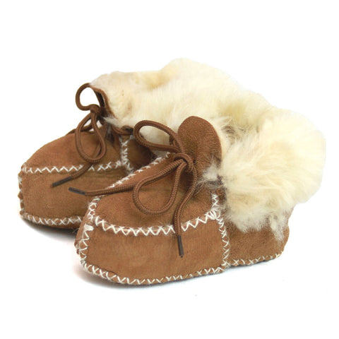 Childrens sheepskin booties with lace tie in chestnut