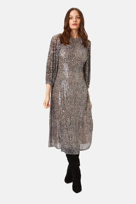 Traffic People Cautious Lips Exile Dress in a midi length with a low v at the back and billowing sleeves