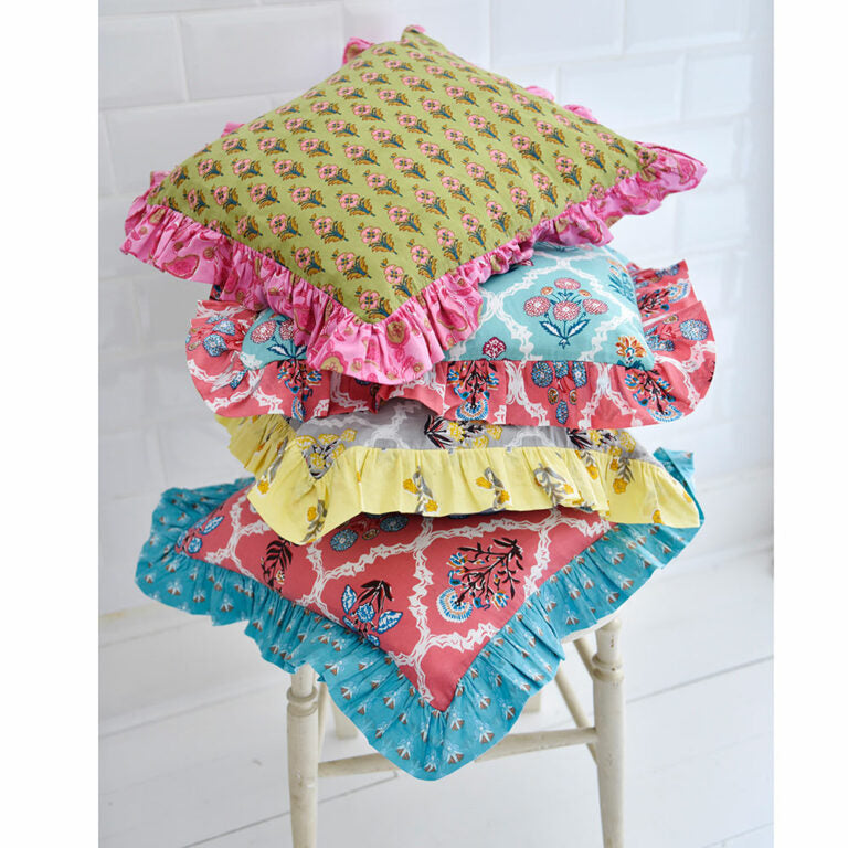 Powell Craft Pink Floral Cushion With Blue Ruffle Trim