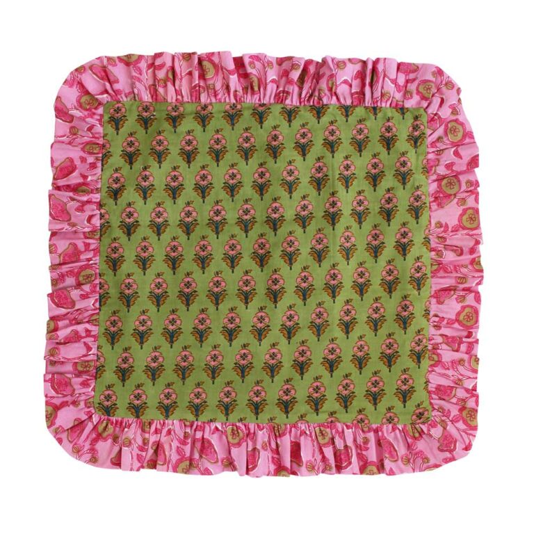 Powell Craft Green Floral Cushion With Pink Ruffle Trim